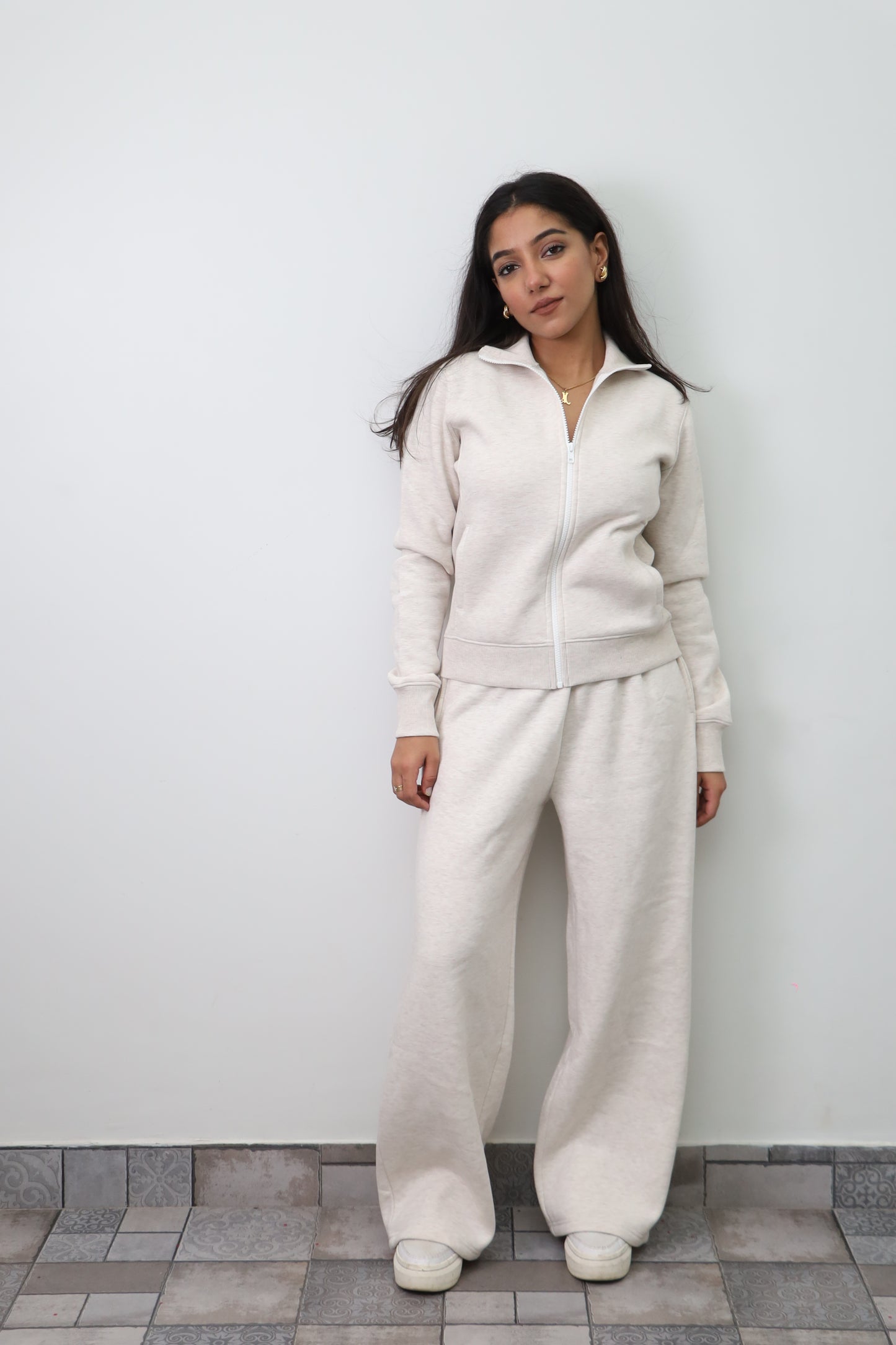 Fleece Grey Melange Zipper & Fleece Pants SET