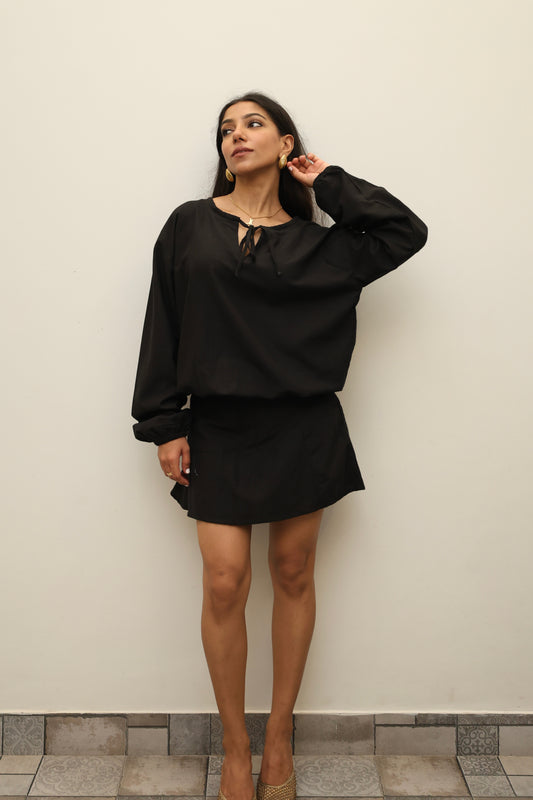 Black Cotton Linen Blend SKORT Set