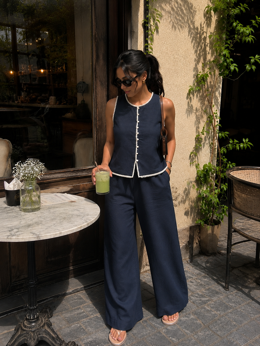Charcoal Cotton Top & Pants Set with lace detailing and pearl buttons