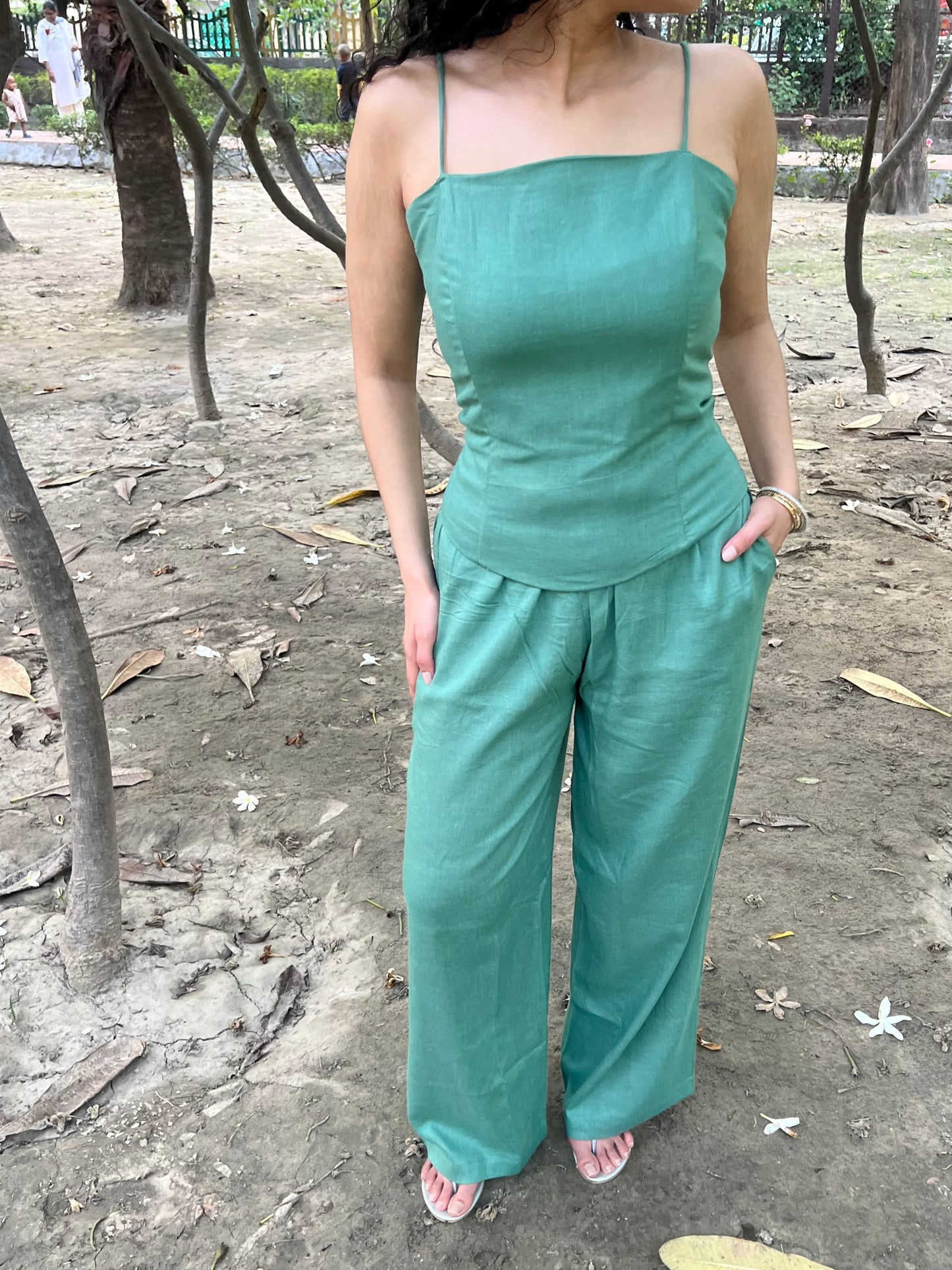Sage Green Pure Cotton Boned Corset Top & Pants Set