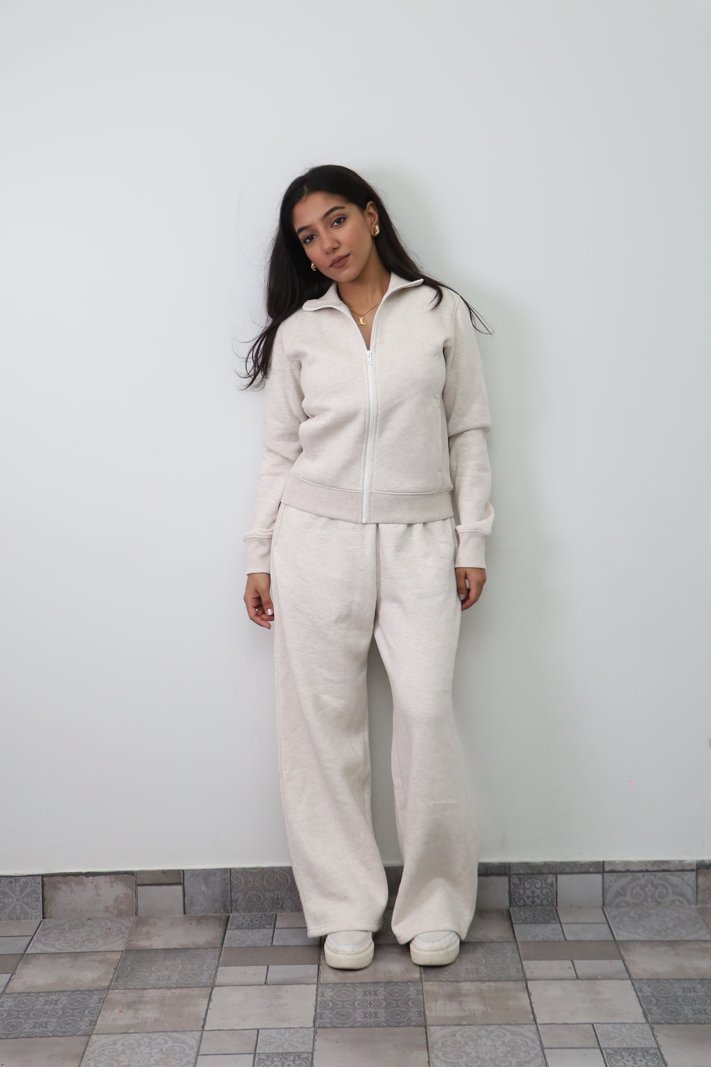 Fleece Grey Melange Zipper & Fleece Pants SET