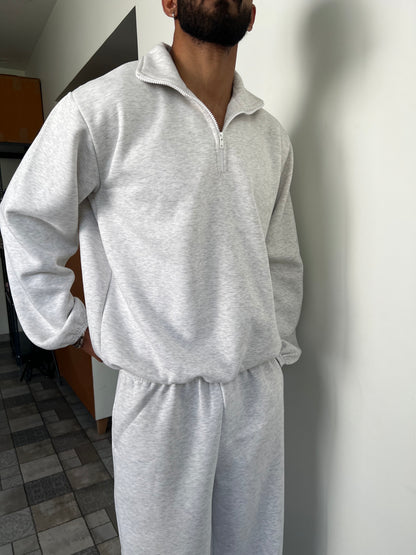 Unisex Grey Melange Half-Zip Cotton Fleece SET  (High Warmth)