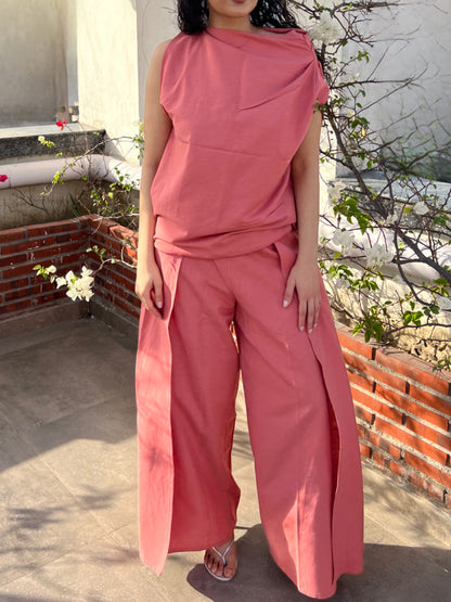 Dusty Rose Cotton Linen Draped Top & Pants Set