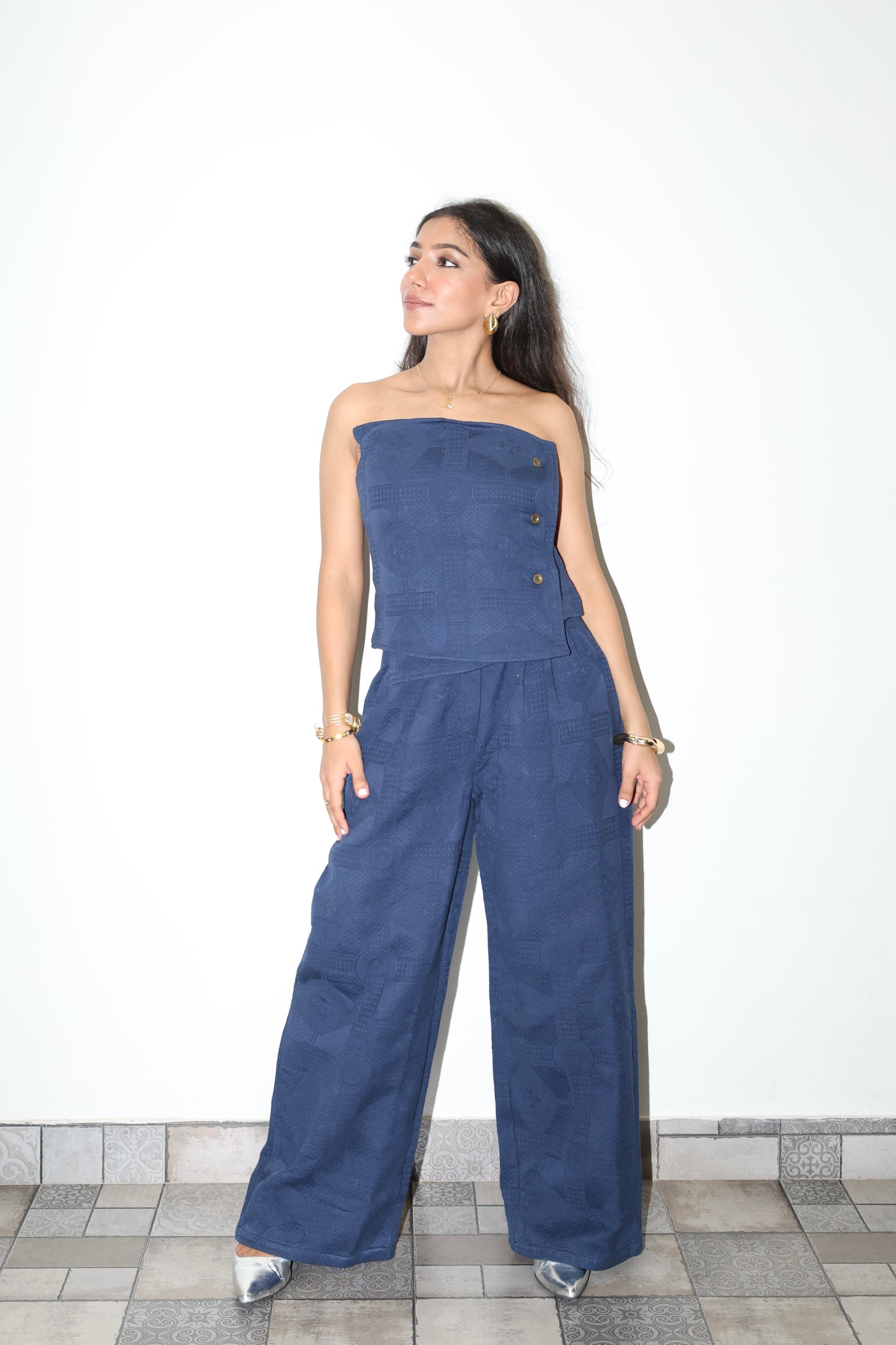 Lightweight Jacquard Strapless Corset Barrel Pant Set