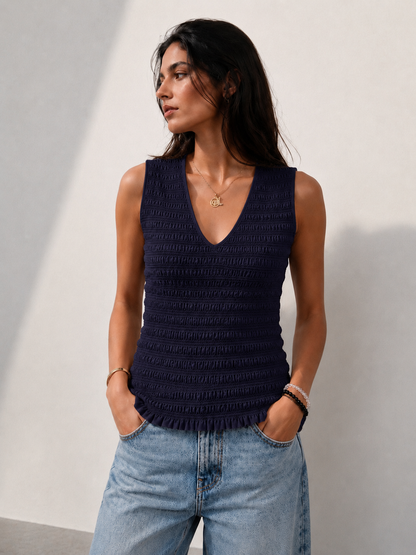 Sleeveless Smocked Top - Navy Blue