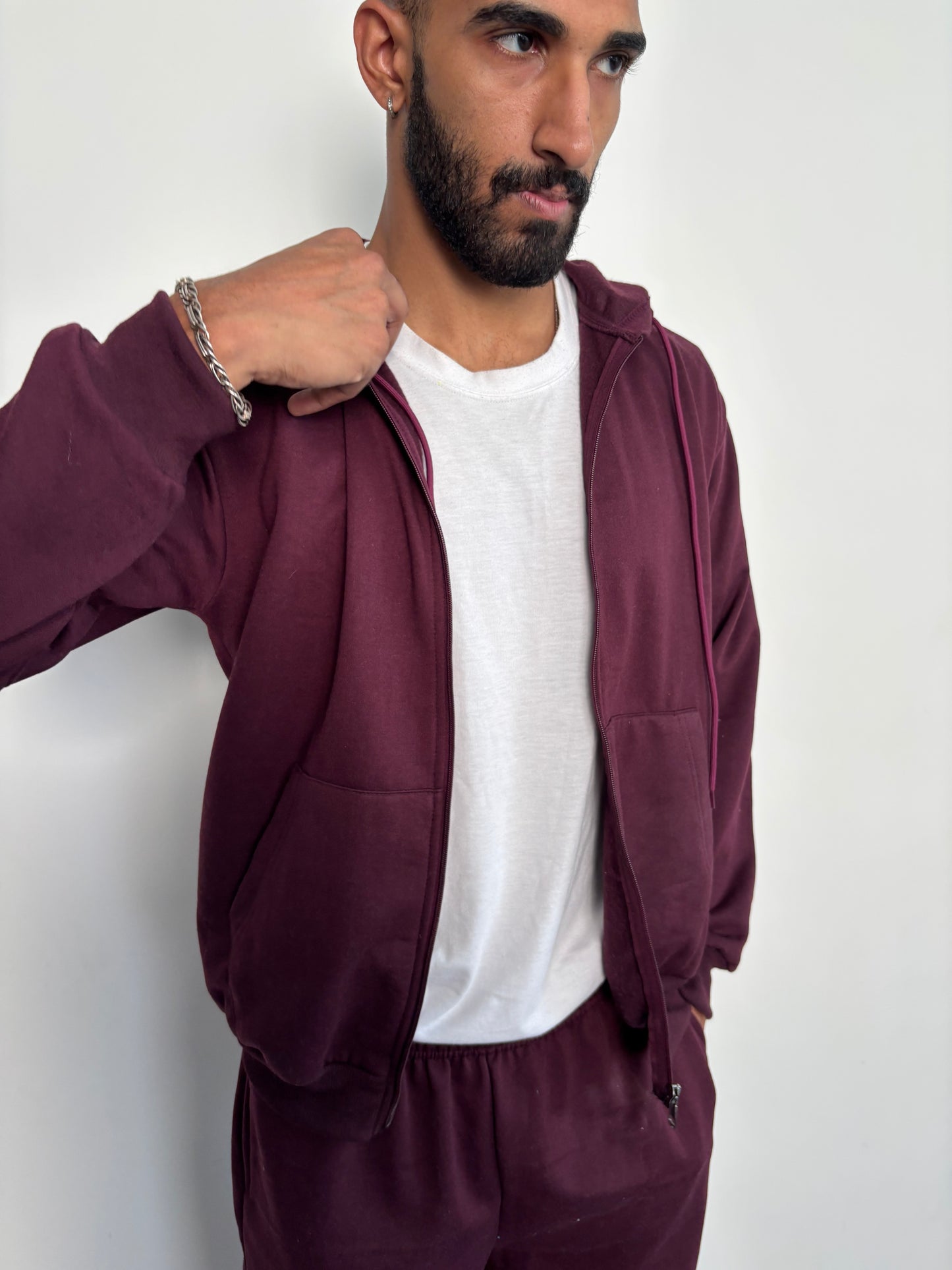 Unisex Burgundy Zipper Hoodie Cotton Fleece SET (Medium Warmth)