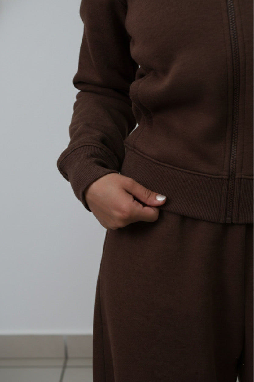 Brown Zipper Jacket Cotton Fleece SET