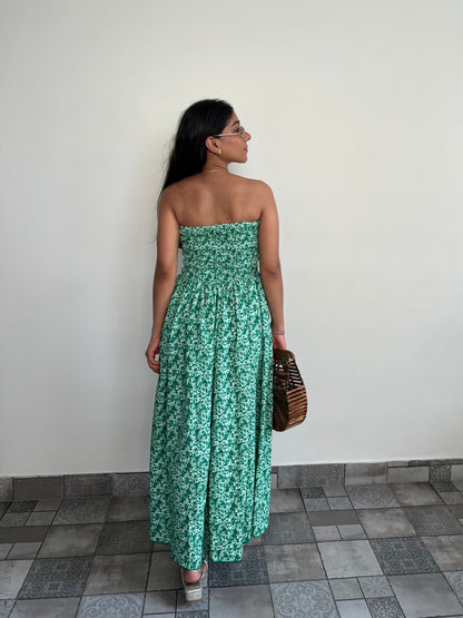 Tube smocking green print dress