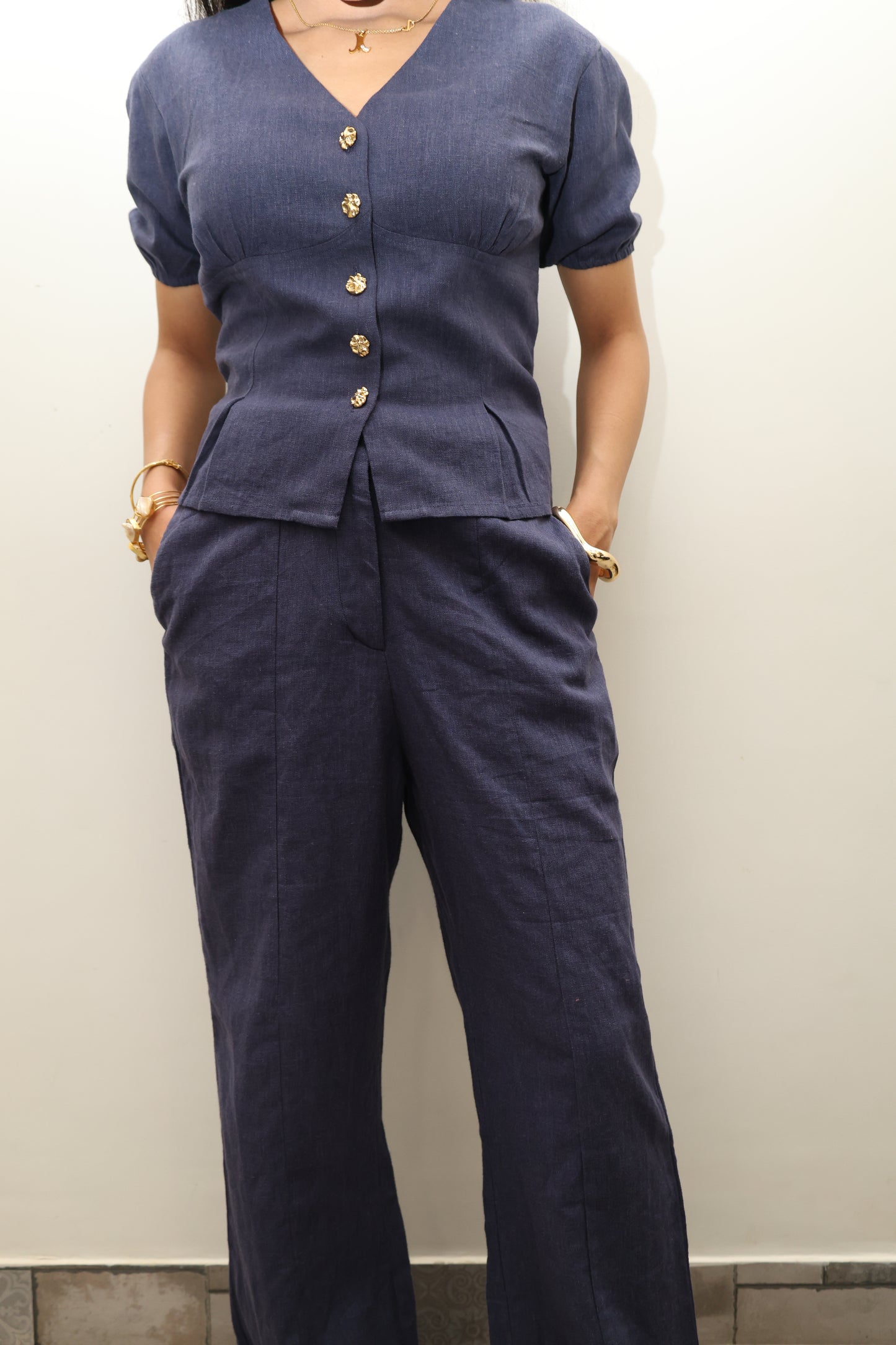 Navy Blue Cotton Linen Blend Sculpted Set