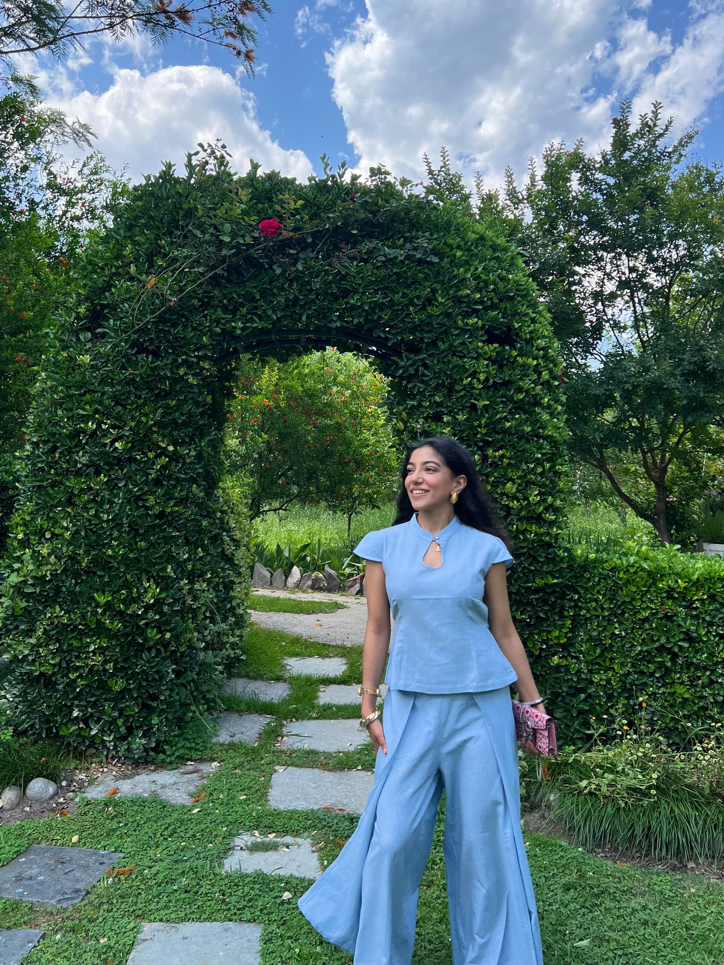 Powder Blue Pure Cotton Keyhole Shirt & Pants Set