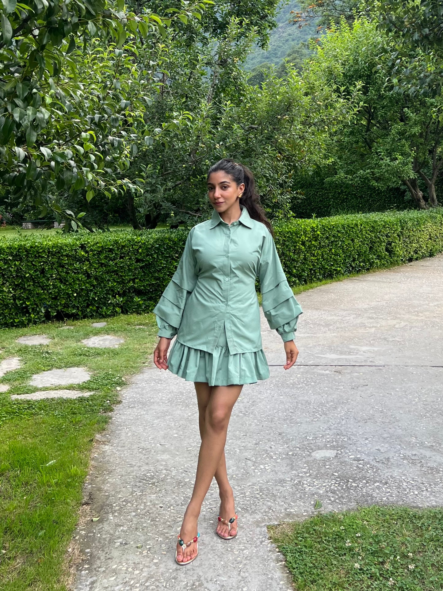Sage Green Stripes Cotton Poplin Ruffle Skort Set