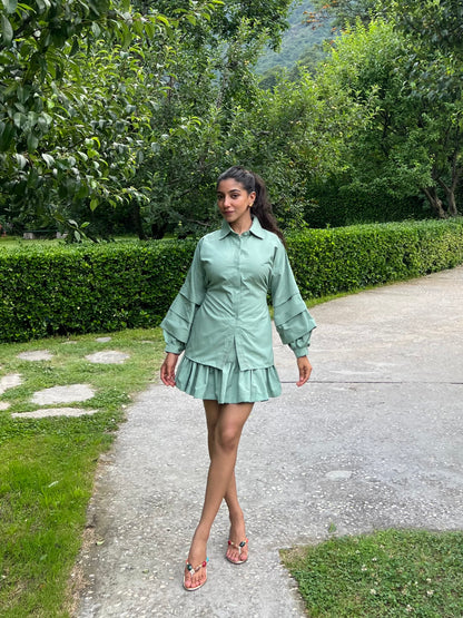 Sage Green Stripes Cotton Poplin Ruffle Skort Set