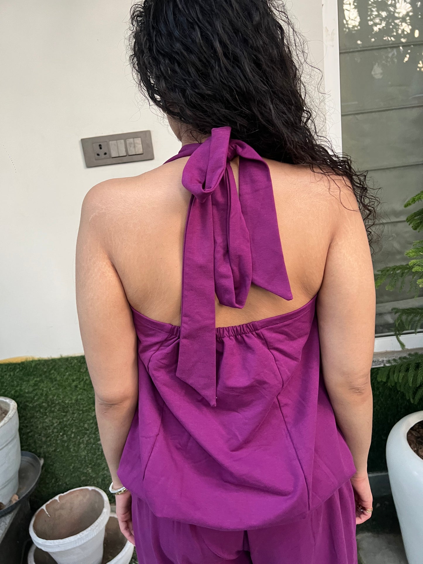 Plum Cotton Terry Tie-Up Top & Balloon Pants Set