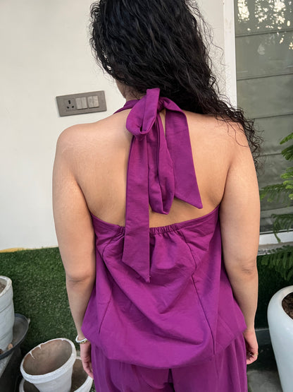 Plum Cotton Terry Tie-Up Top & Balloon Pants Set