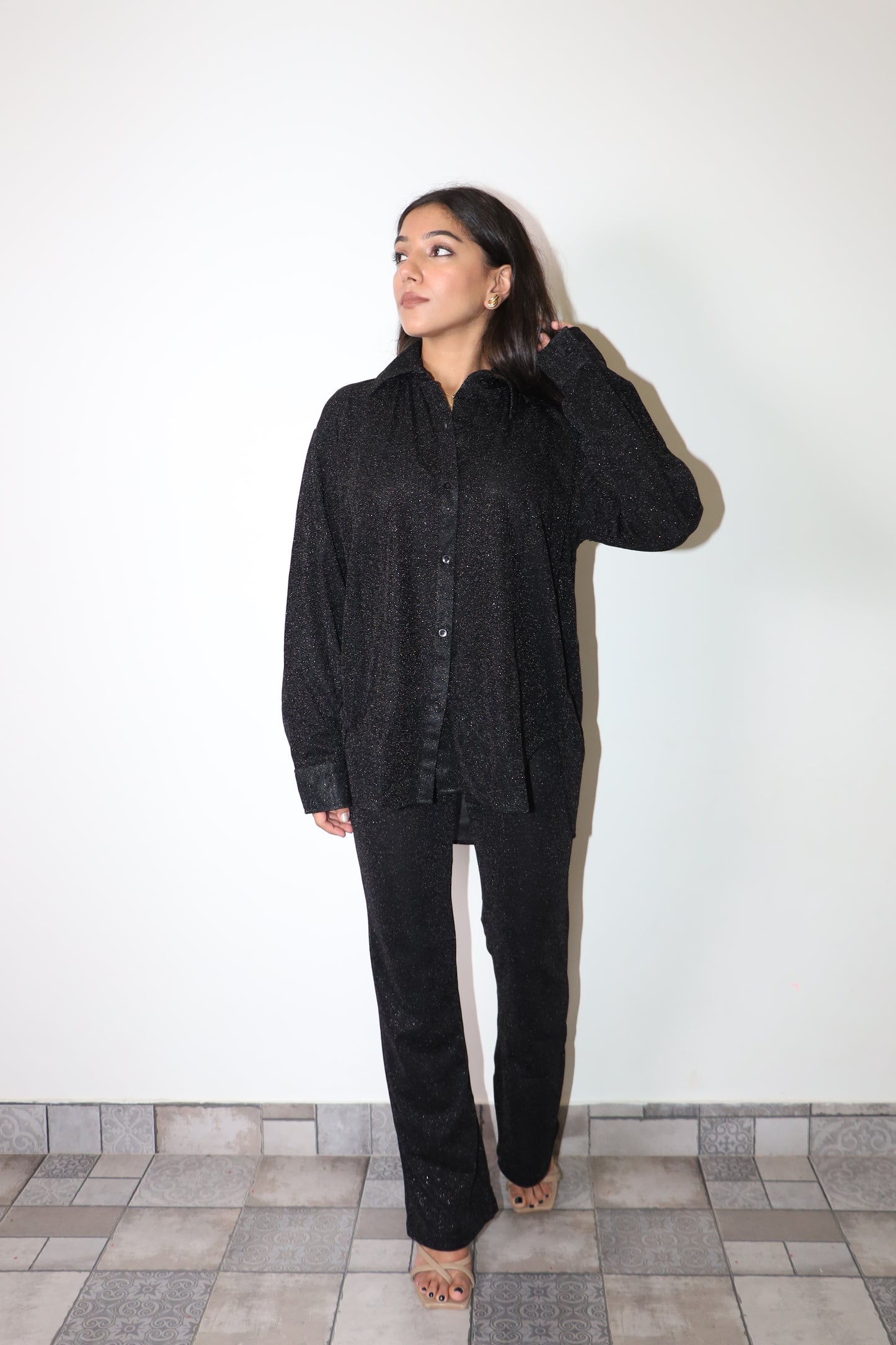 Black Cotton Shimmer Shirt Set