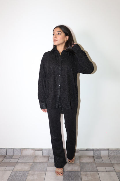 Black Cotton Shimmer Shirt Set