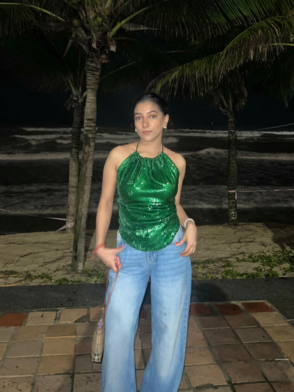 Emerald Water Sequin Tie up Top