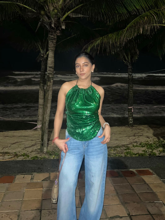 Emerald Water Sequin Tie up Top