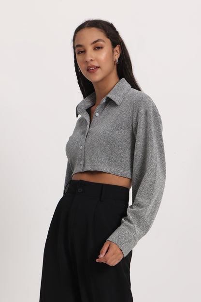 Silver Cotton Shimmer Crop Shirt