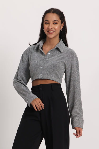 Silver Cotton Shimmer Crop Shirt