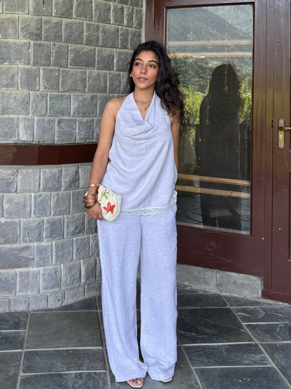 Cotton Melange Cowl Neck Lace Detailing Set