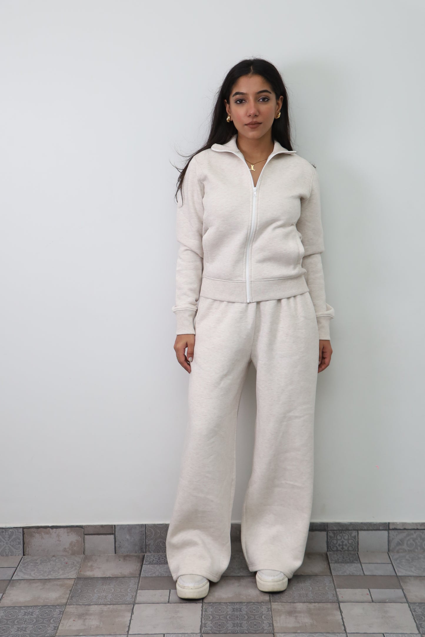 Fleece Grey Melange Zipper & Fleece Pants SET