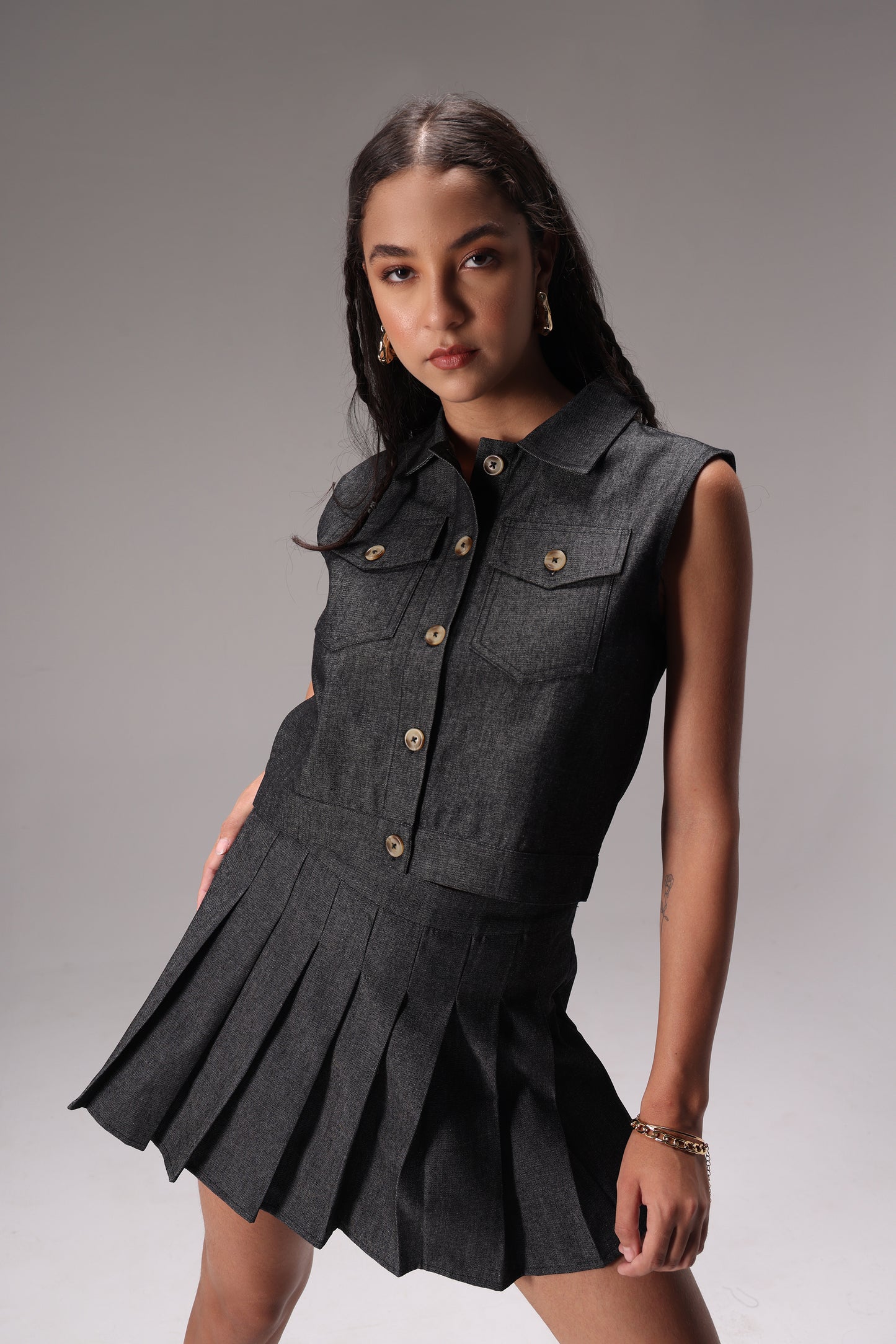 Noir Soft Cotton Denim Skort Set