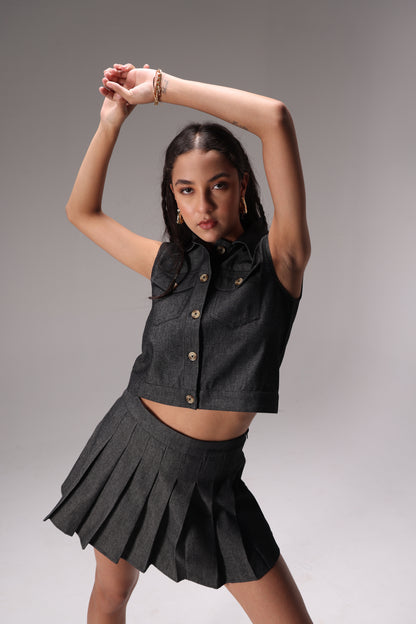 Noir Soft Cotton Denim Skort Set