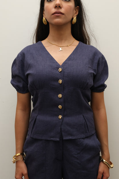Navy Blue Cotton Linen Blend Sculpted Set