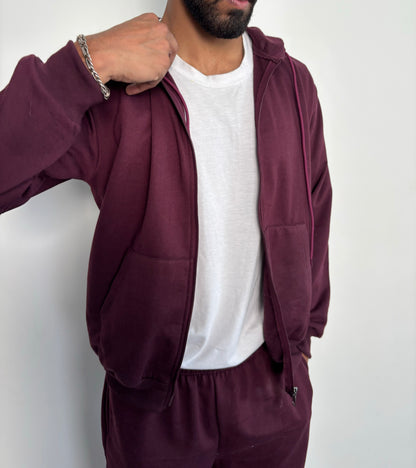 Unisex Burgundy Zipper Hoodie Cotton Fleece SET (Medium Warmth)