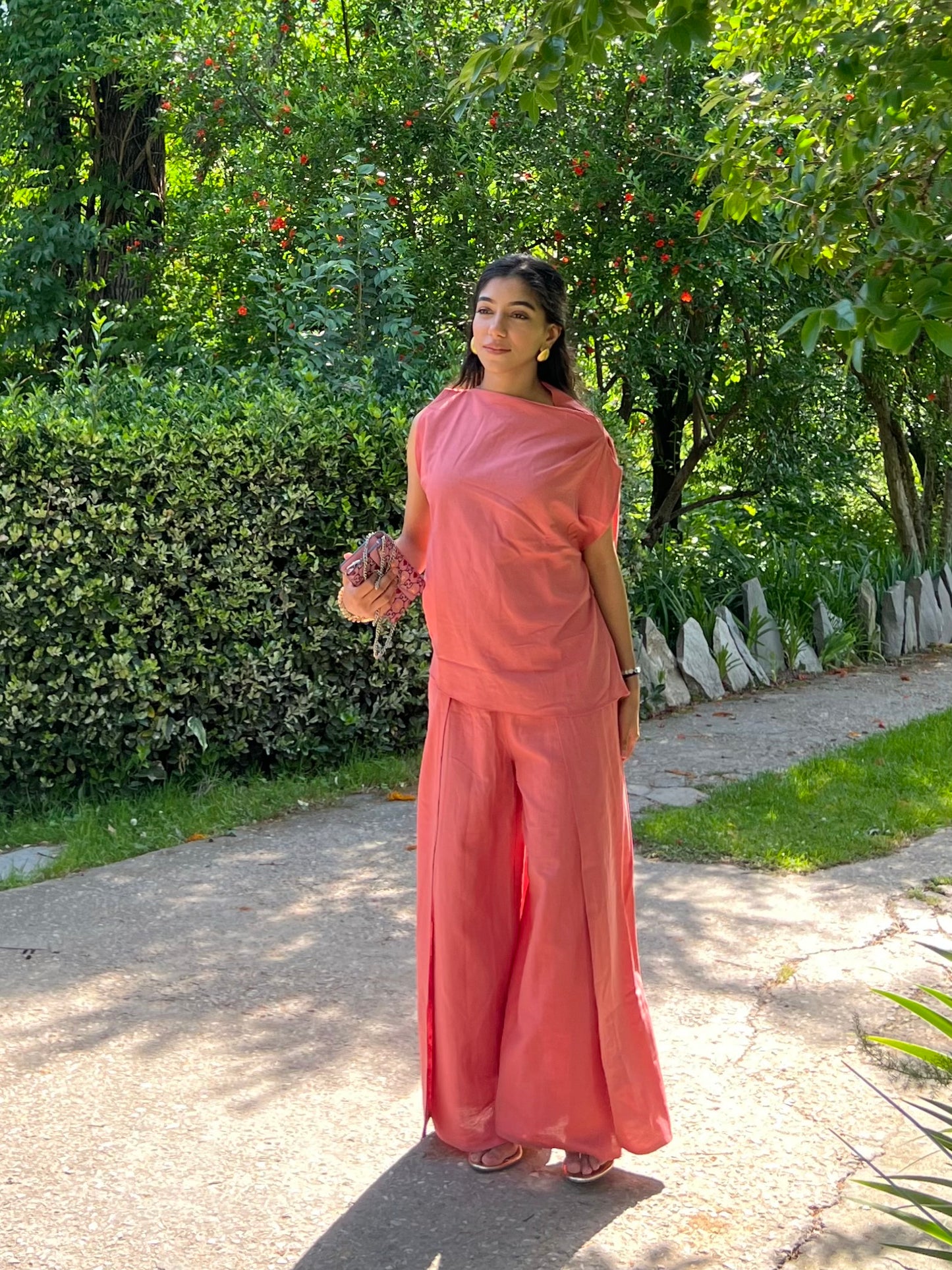 Dusty Rose Pure Cotton Draped Top & Pants Set