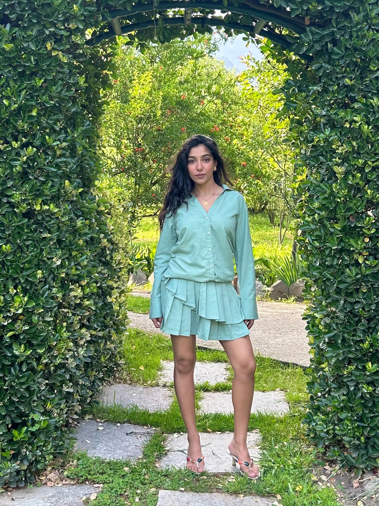 Sage Stripes Cotton Poplin Shirt & Pleated Skort Set