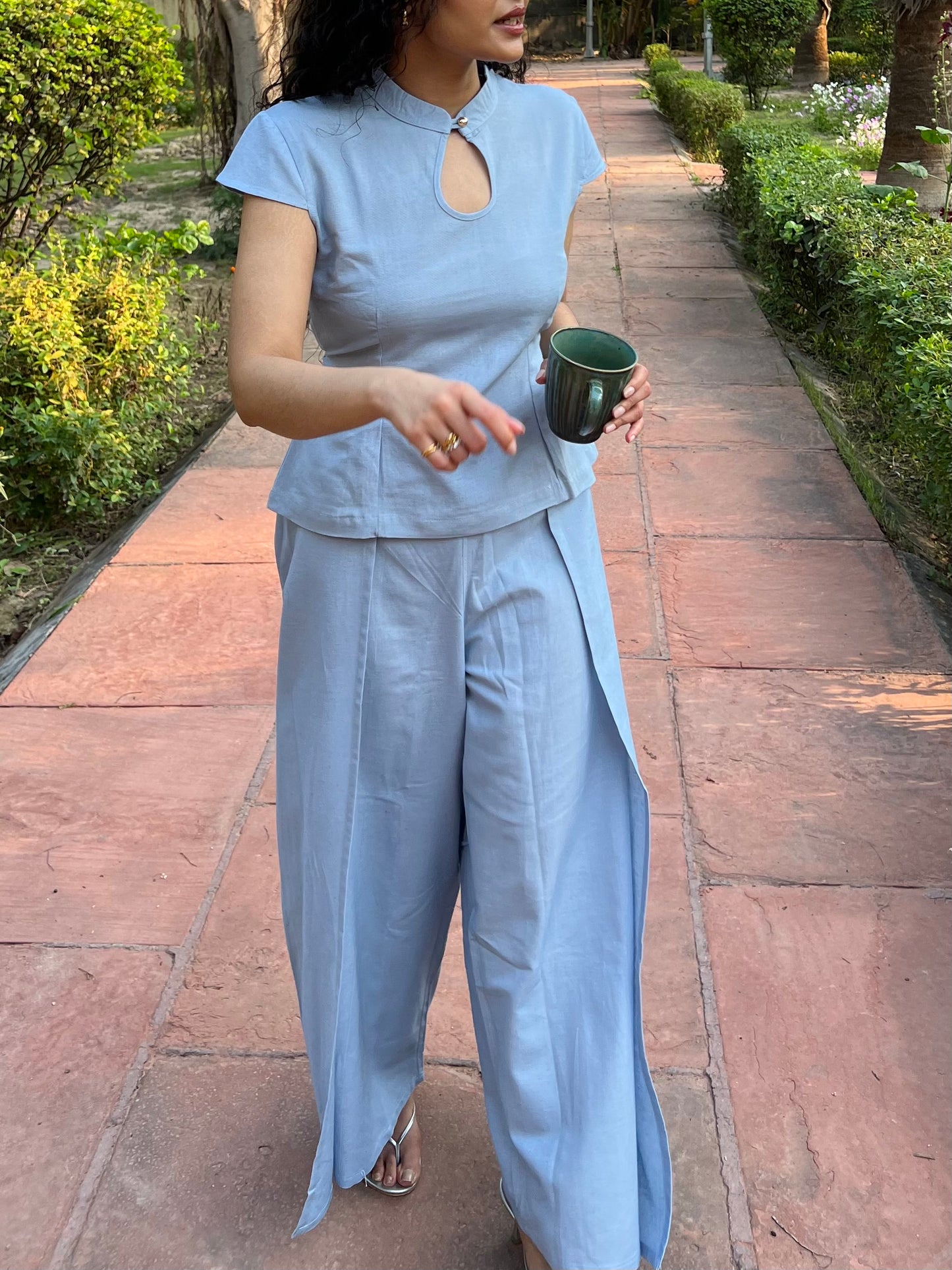 Powder Blue Pure Cotton Keyhole Shirt & Pants Set