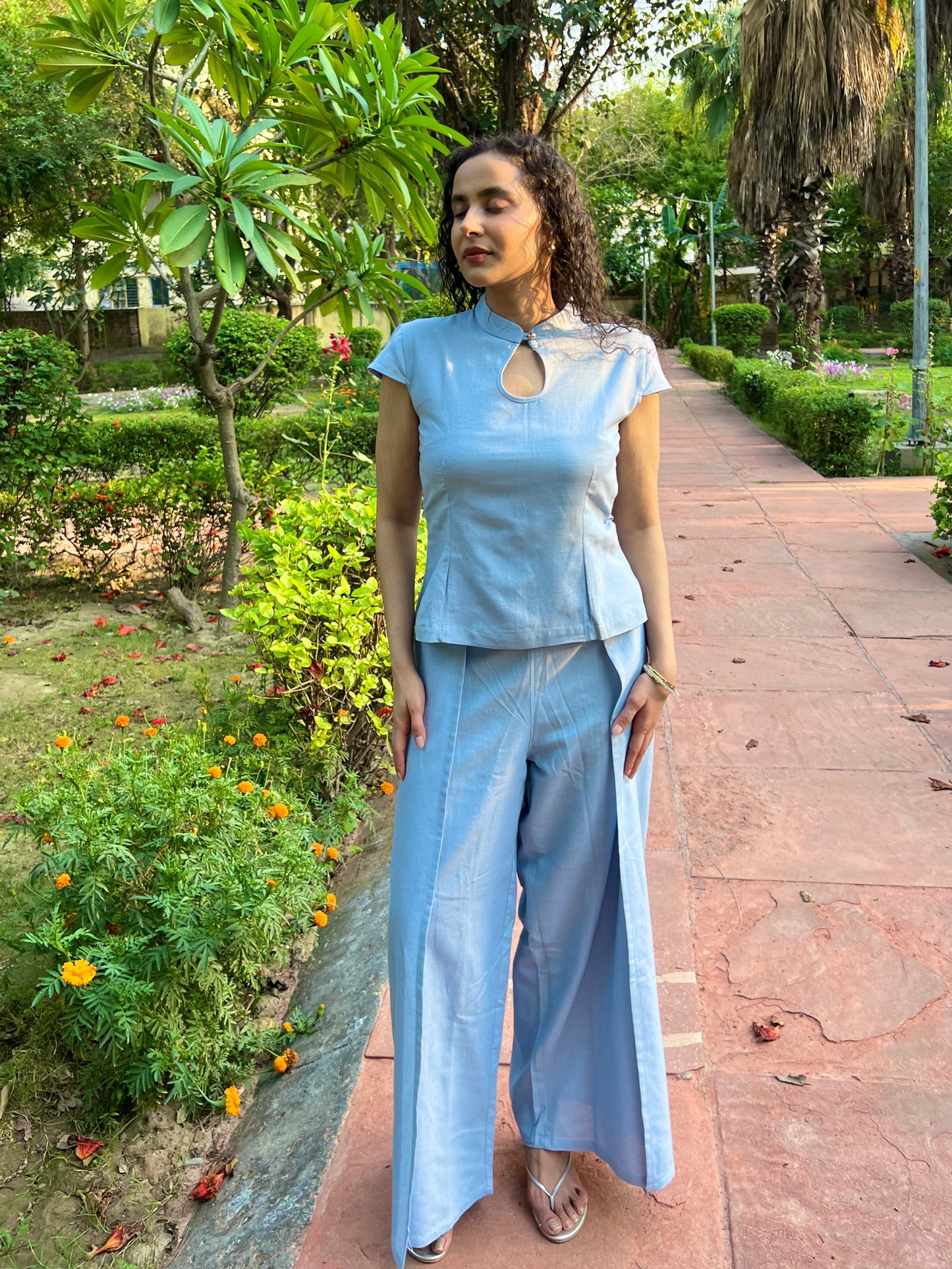 Powder Blue Pure Cotton Keyhole Shirt & Pants Set