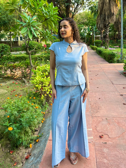 Powder Blue Pure Cotton Keyhole Shirt & Pants Set