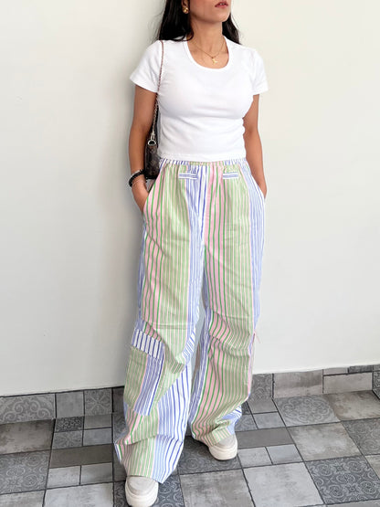 Cotton Poplin Striped Pants Rib Top Half-Sleeves Set
