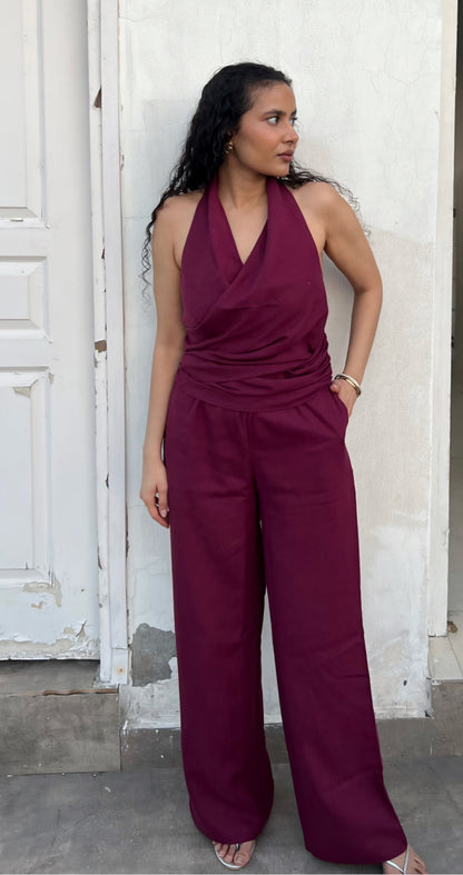 Wine Cotton Linen Ruched Halter Top & Pants Set