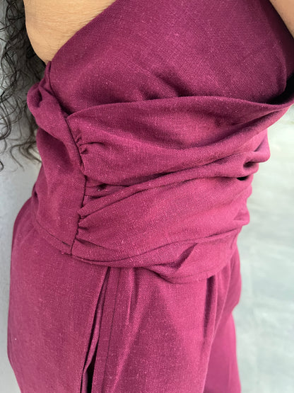 Wine Cotton Linen Ruched Halter Top & Pants Set