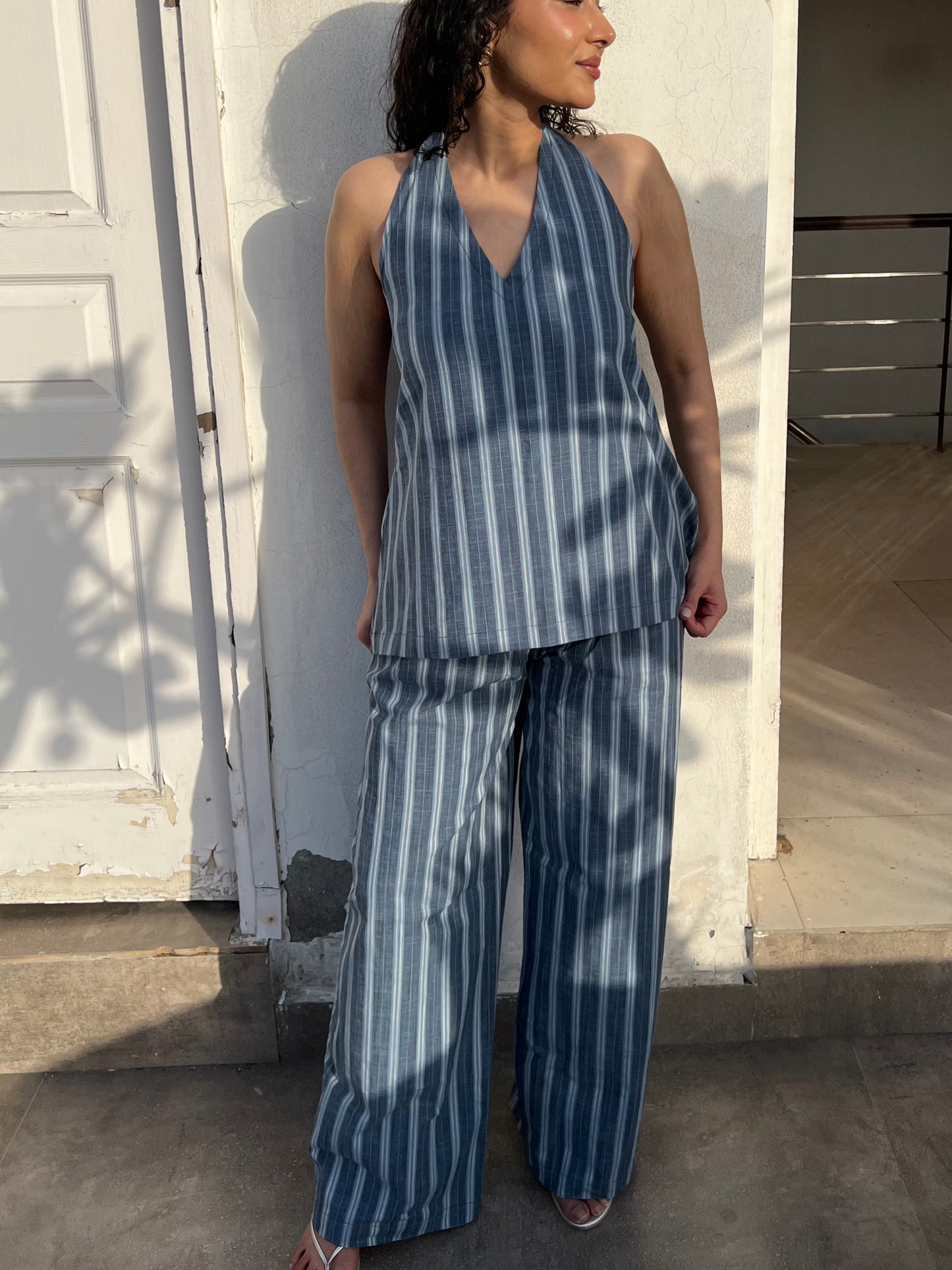 Blue Pure Cotton Stripes Tie up & Pants Set