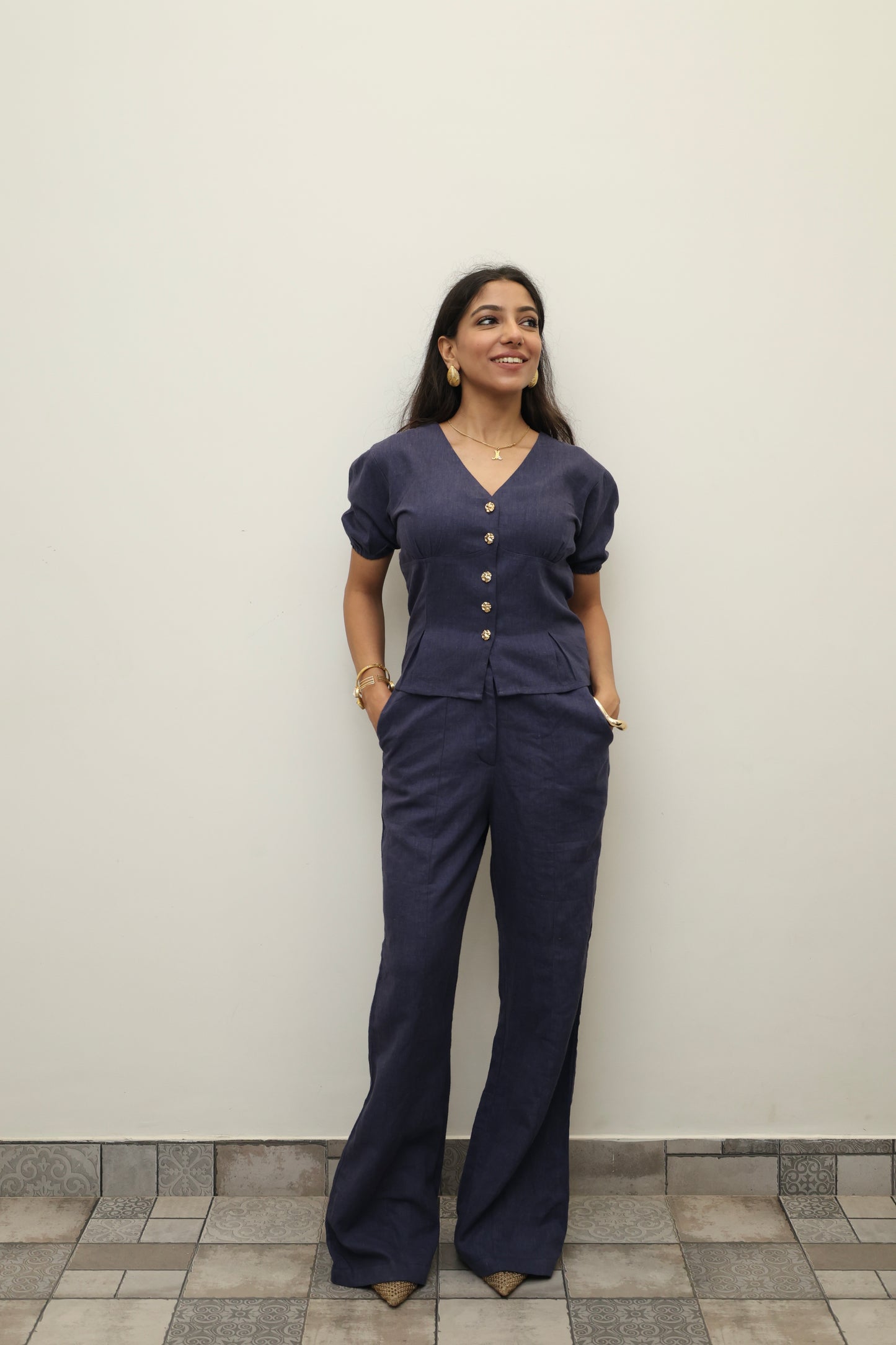 Navy Blue Cotton Linen Blend Sculpted Set
