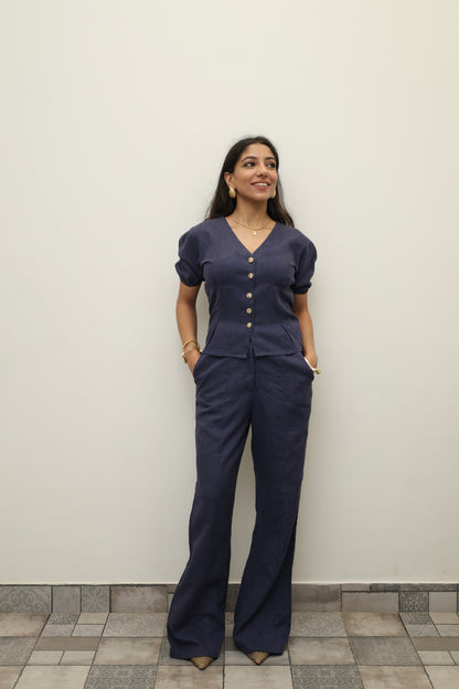 Navy Blue Cotton Linen Blend Sculpted Set