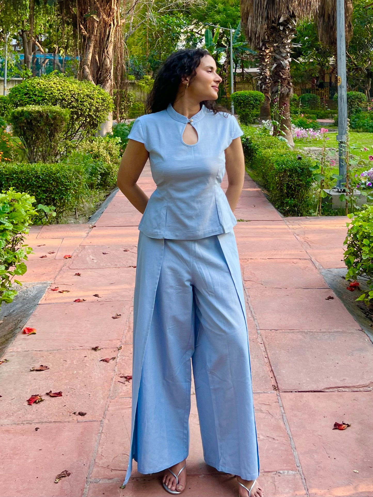 Powder Blue Pure Cotton Keyhole Shirt & Pants Set