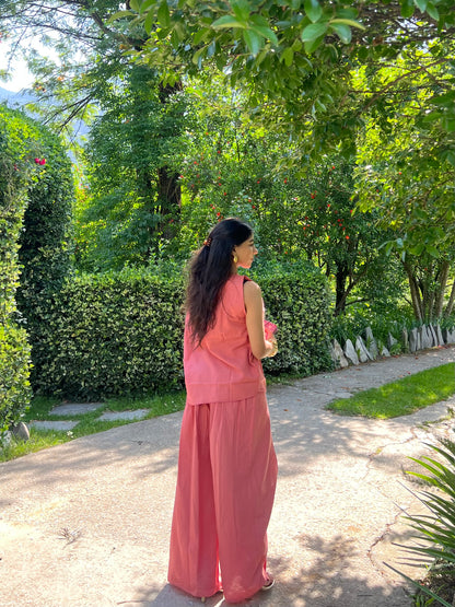 Dusty Rose Pure Cotton Draped Top & Pants Set