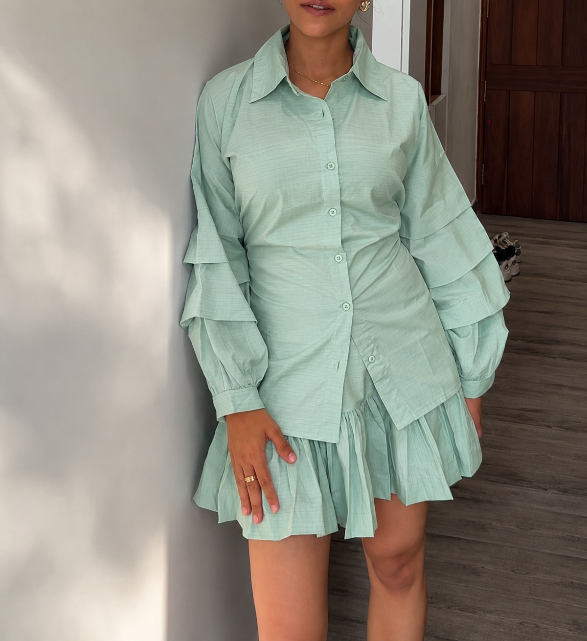 Sage Green Stripes Cotton Poplin Ruffle Skort Set