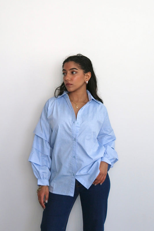 Sky Blue Cotton Poplin Ruffle Shirt
