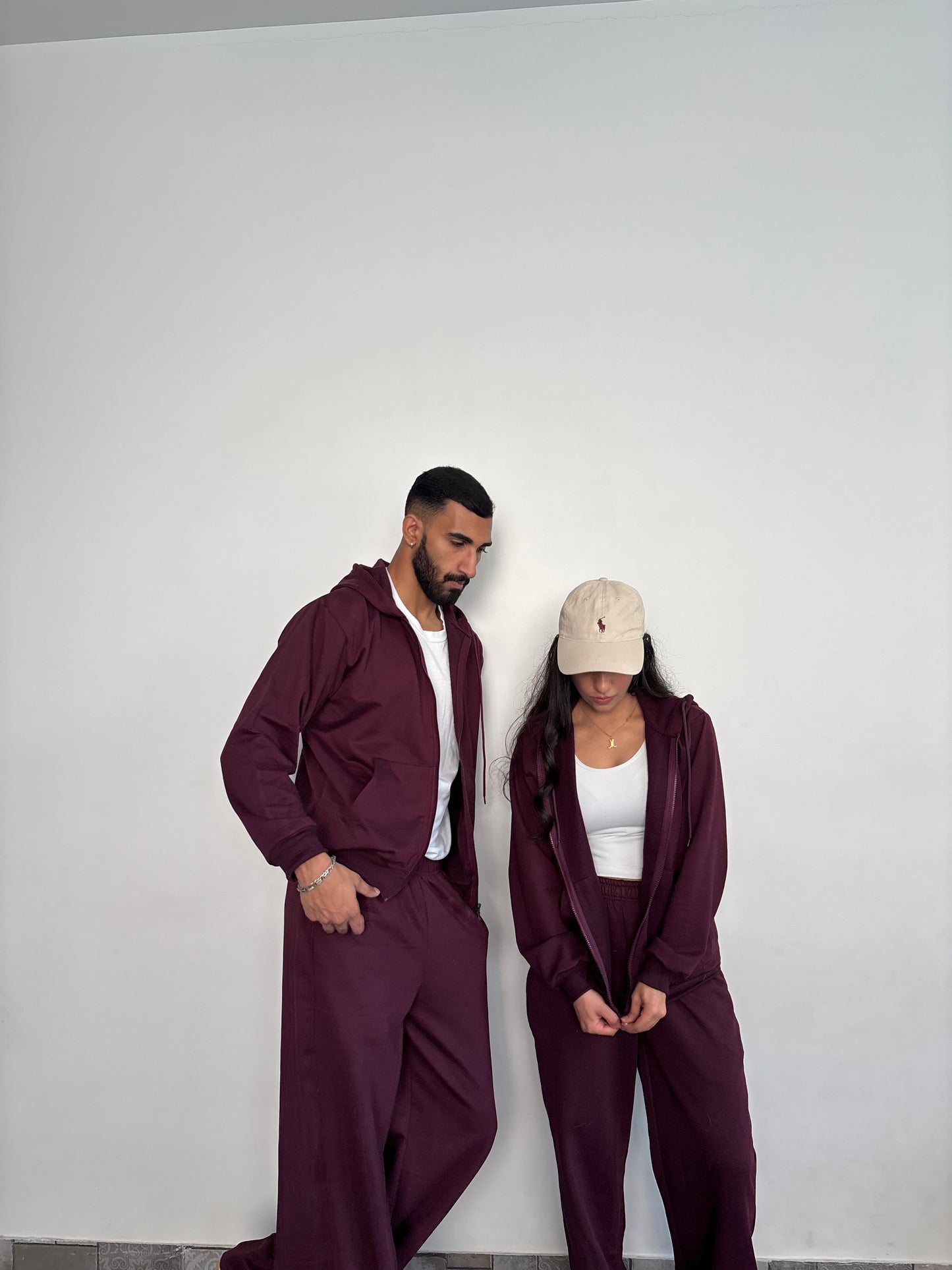 Unisex Burgundy Zipper Hoodie Cotton Fleece SET (Medium Warmth)
