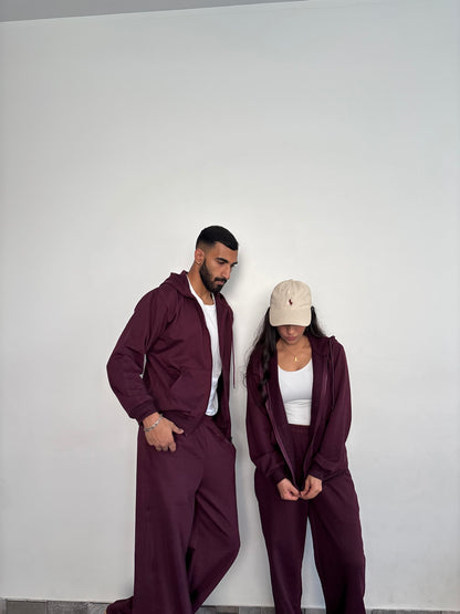 Unisex Burgundy Zipper Hoodie Cotton Fleece SET (Medium Warmth)