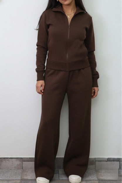 Brown Zipper Jacket Cotton Fleece SET