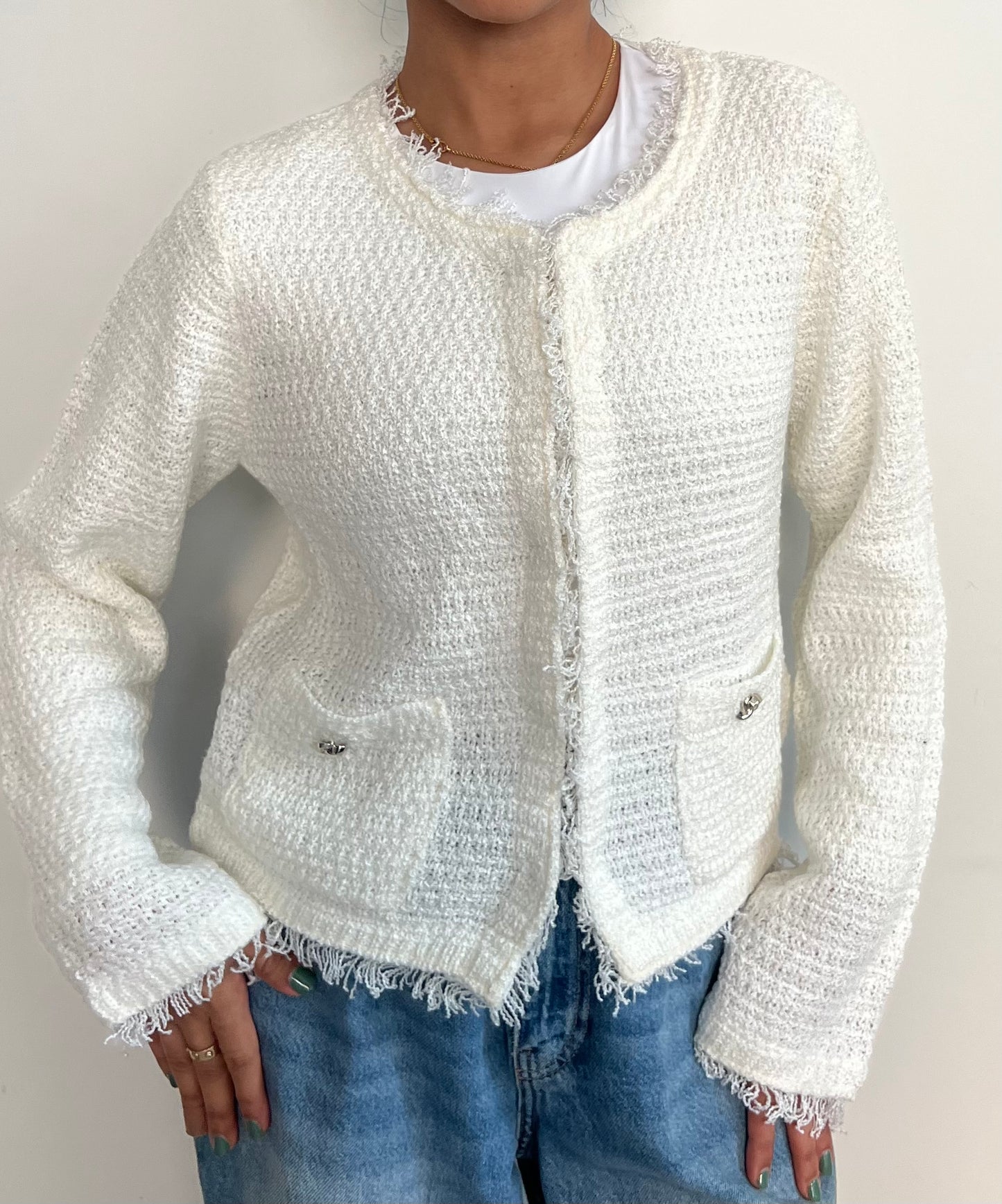 Cozy Woollen Sweater with Metallic Details WHITE