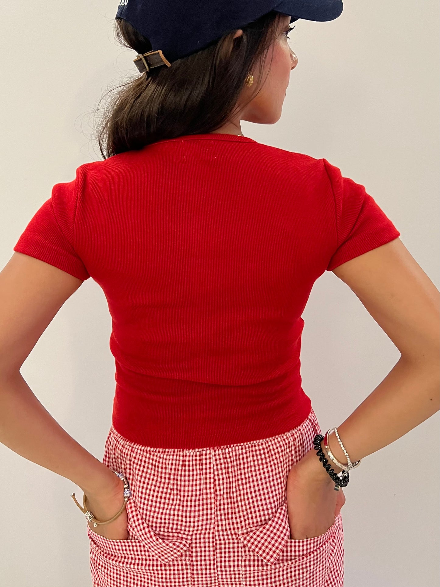 Red Half Sleeves Gingham Pant Set